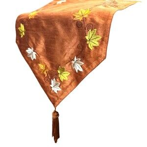 Orange Bronze Embroidered Leaves Tassle Table Runner 71x13" Fall made in India